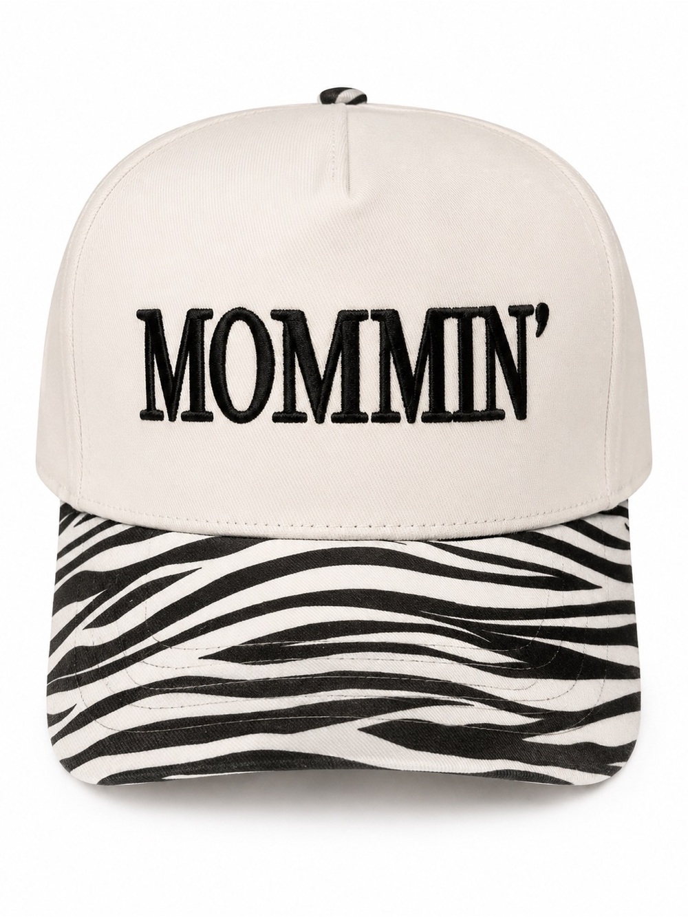 "Mommin'" Embroidered Zebra Print Baseball Cap - White & Black